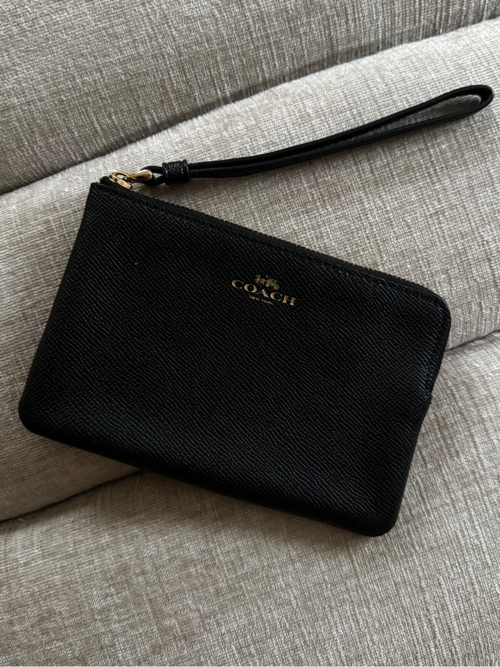 Coach Black Leather Zip Wristlet with Gold Logo